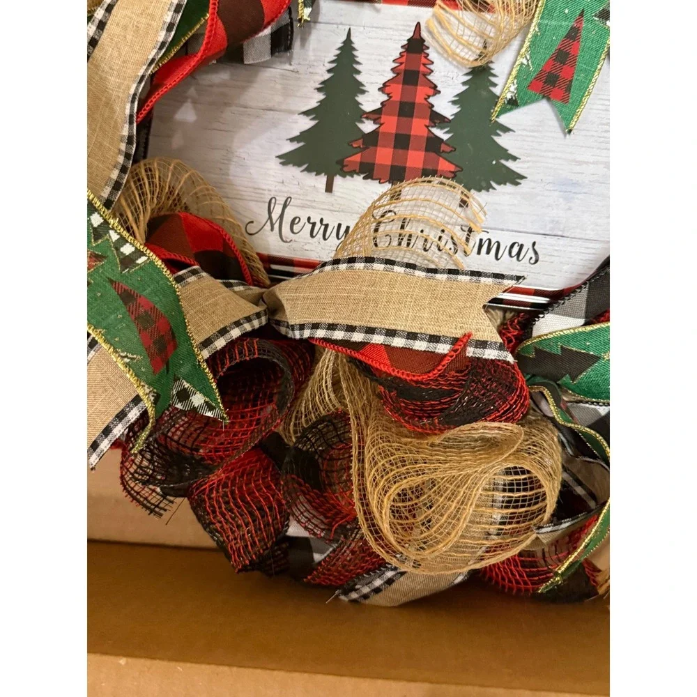 Handmade Christmas Deco Mesh Wreath Merry Christmas Buffalo Plaid Rustic Decor